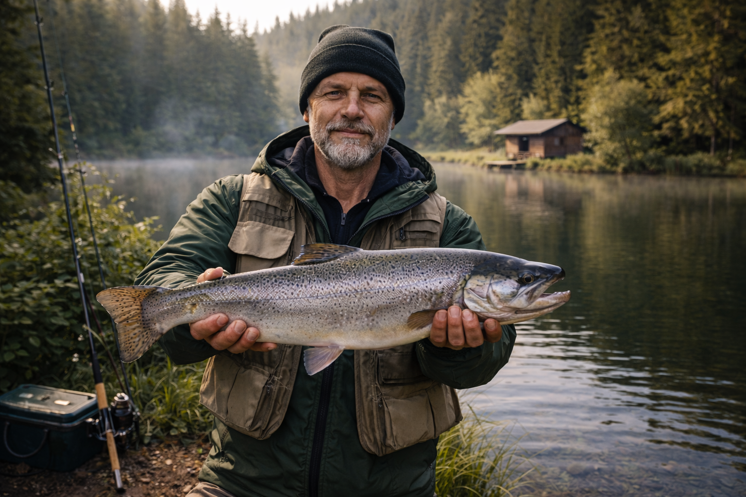 Früher Morgen am Waldsee mit Fang